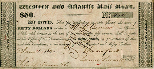 $50 T-1 W & A RR 6-1-1840 construction scrip